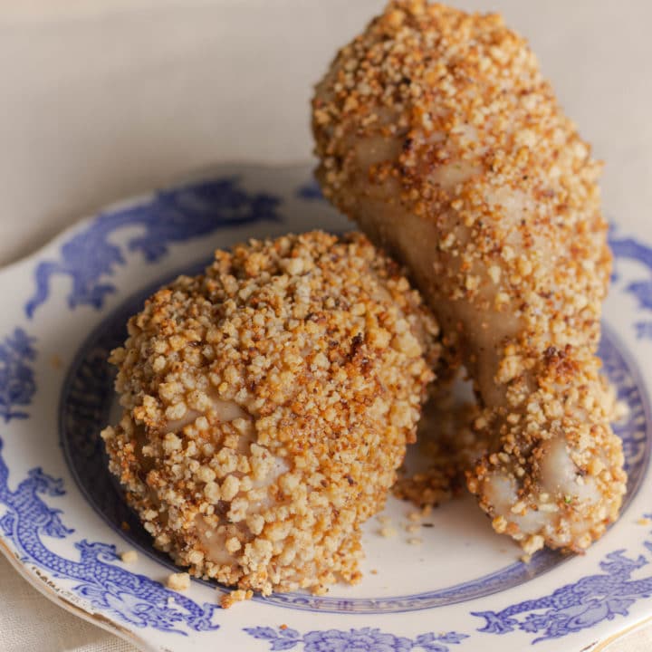 Keto breading on chicken with gluten free breadcrumbs.