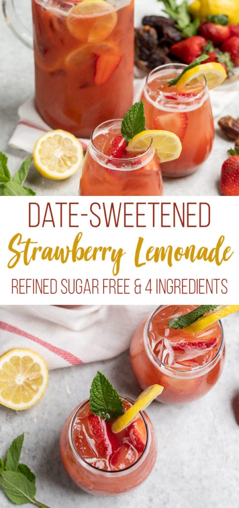 Your new favorite summer beverage--an easy and refined sugar-free strawberry lemonade that is sweetened with dates and made with just 4 simple ingredients! #sugarfree #4ingredients #lastminute #strawberrylemonade #datesweetened #summerbeverage #summer #picnic #vegan #sweetsimplevegan #party