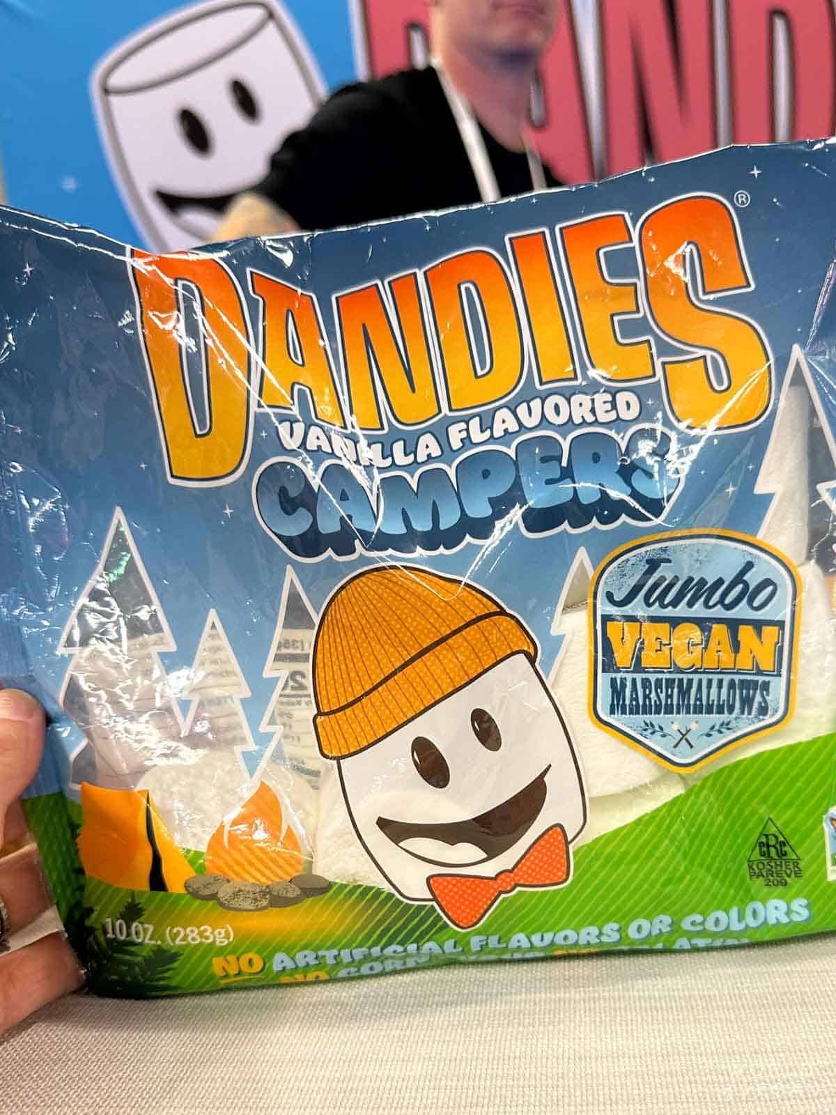 A package of Dandies Campers vegan jumbo marshmallows.