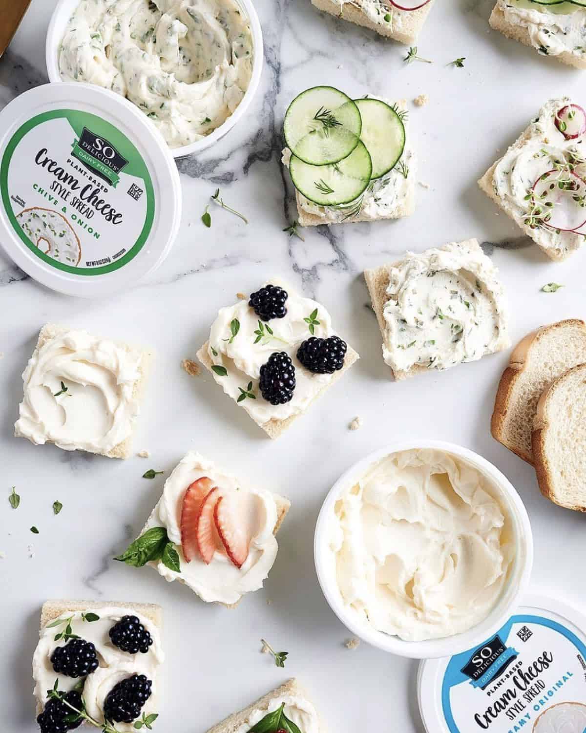 so delicious brand plant based cream cheese on crackers breakfast appetizer