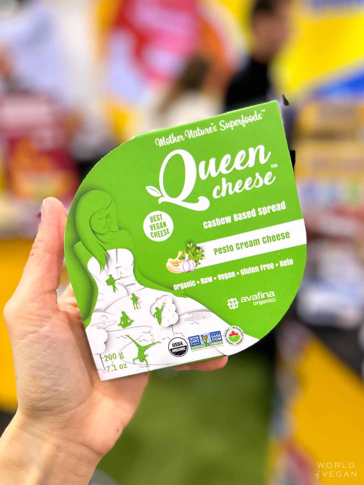 A container of Queen Cheese vegan spread.