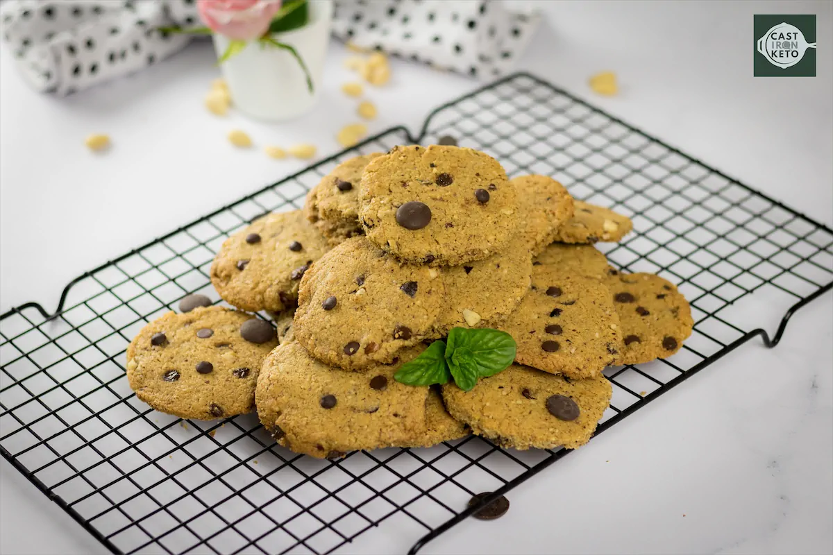 Keto toll house cookies placed on cooling rack.