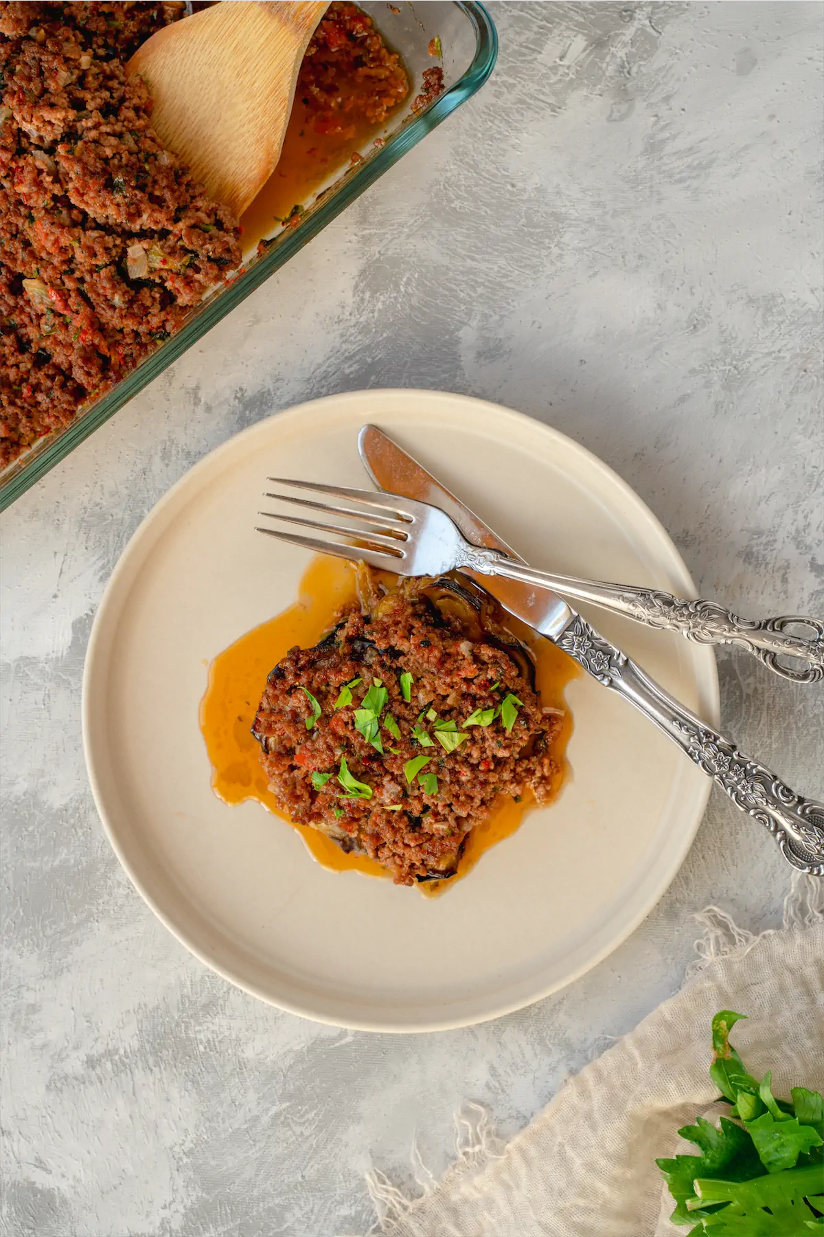 Low carb moussaka recipe served on a plate.