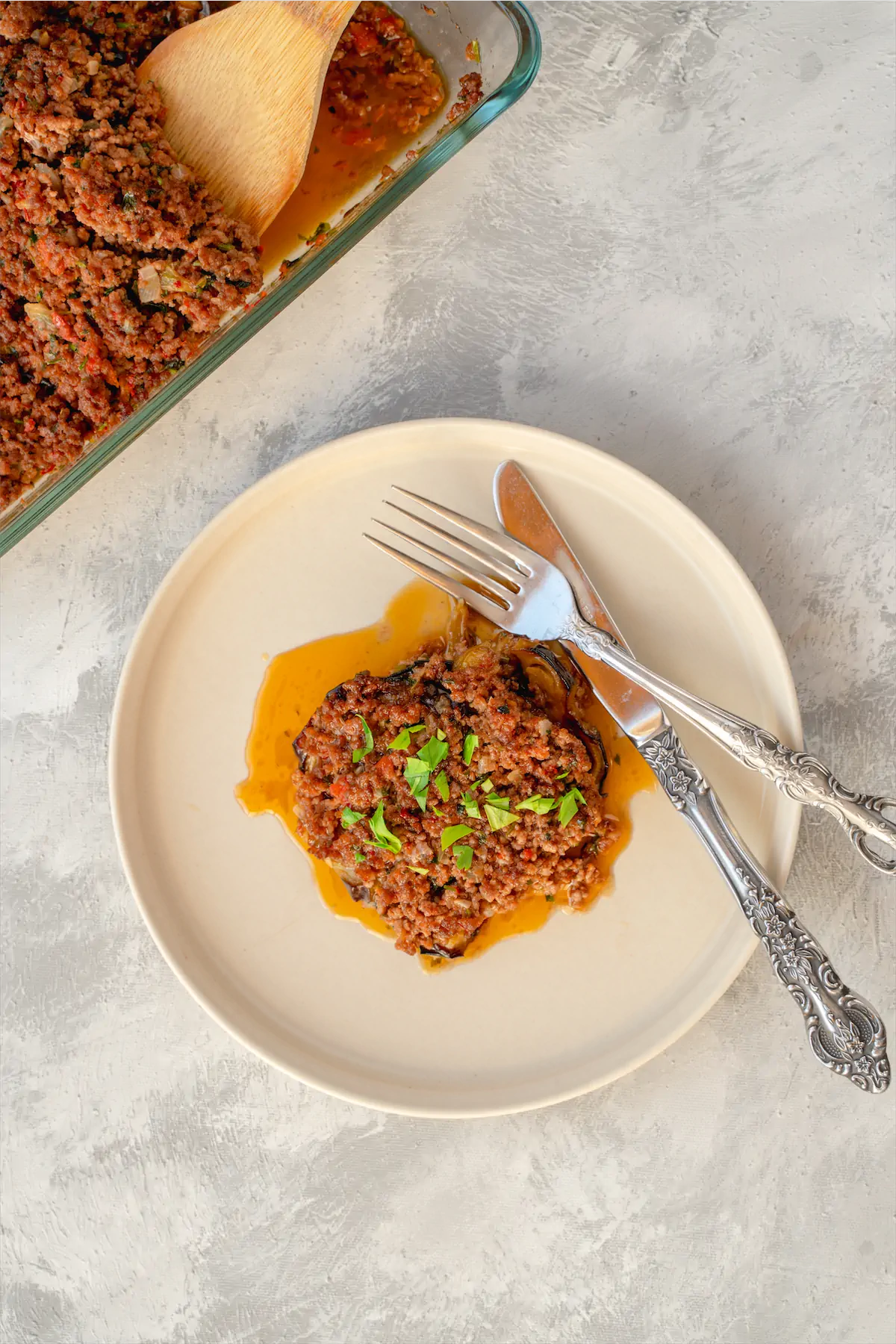 Keto beef and eggplant recipe served in a plate.