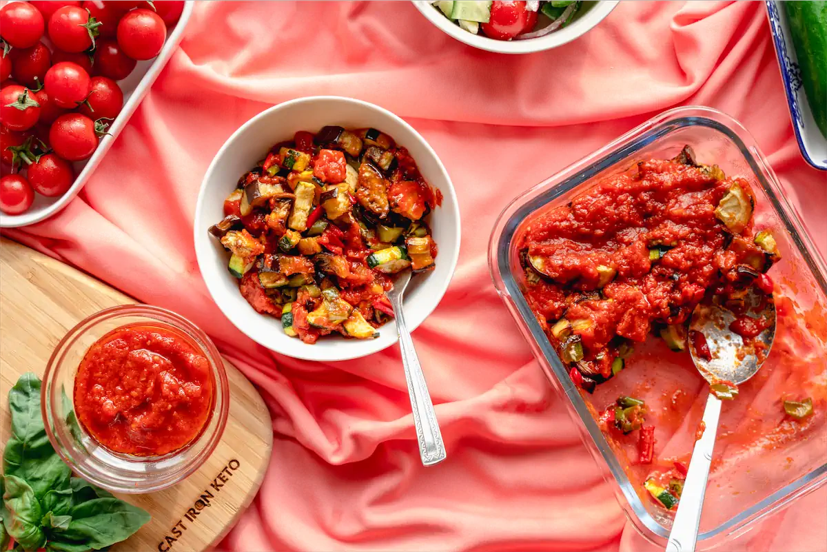 Keto air-fried eggplant, zucchini, pepper topped with tomato sauce.