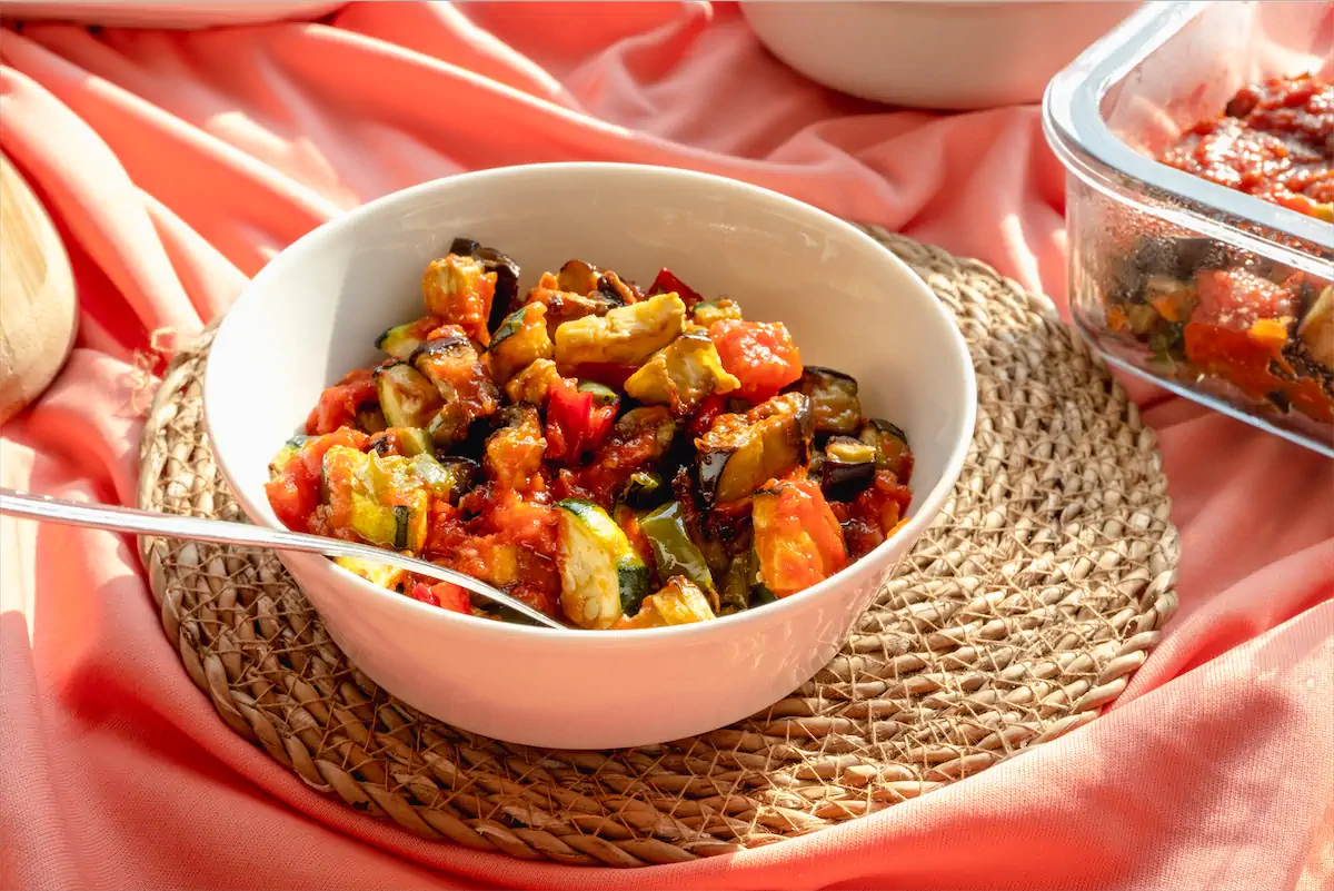 Air fried eggplant recipe in a bowl.