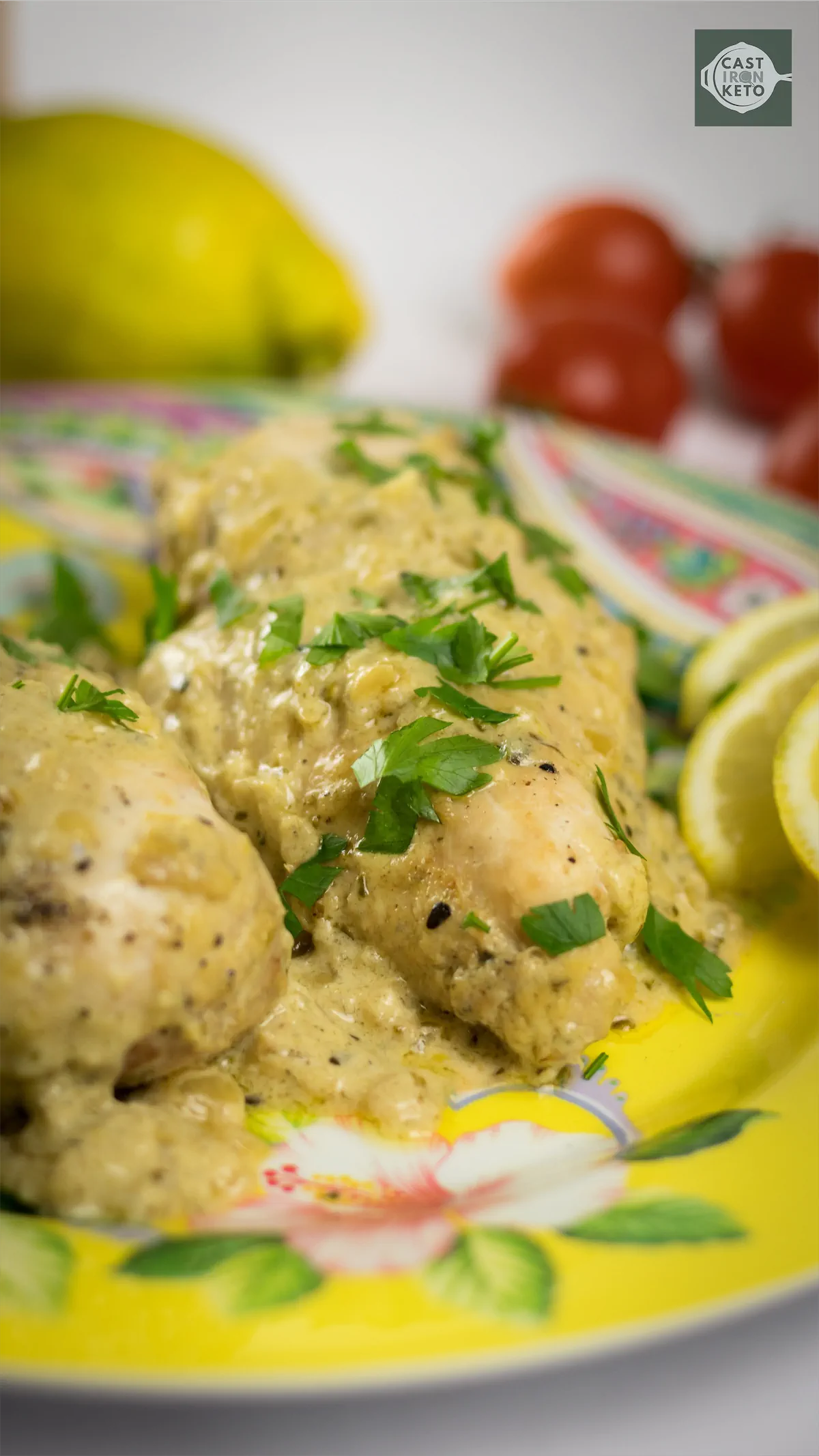 Pepper chicken on a floral plate.