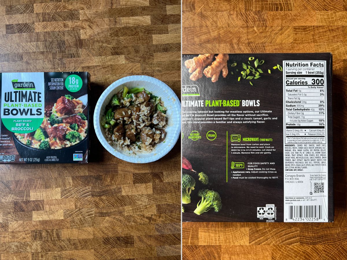 gardein ultimate beef and broccoli bowl package and nutritional label.