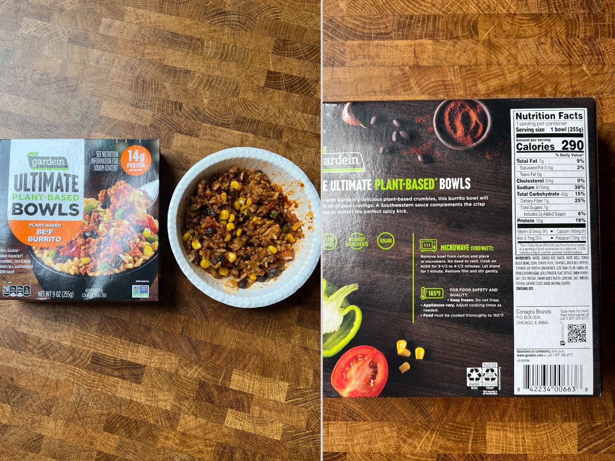 gardein ultimate beef burrito bowl package and nutritional label.