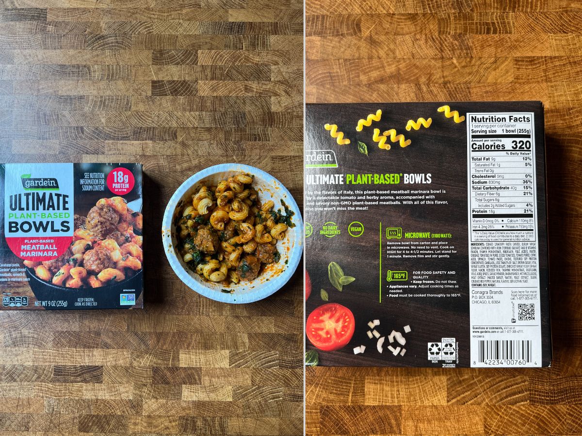 gardein ultimate meatball marinara bowl package and nutritional label.