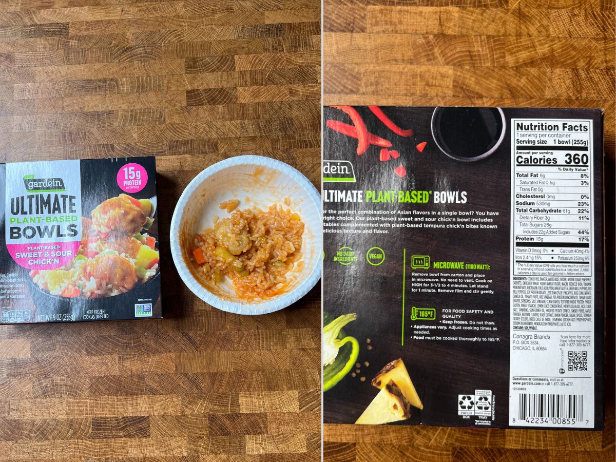 gardein ultimate sweet and sour bowl package and nutritional label.