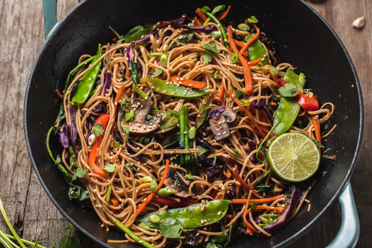 overhead horizontal image of stir fry in wok