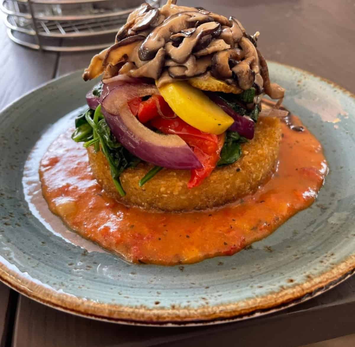 A vegan heirloom organic grit cake stack from Early Girl Eatery in Asheville.