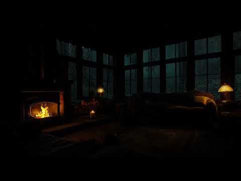 Rainy Night in Cozy Cabin | Rain on Window with Crackling Fireplace in the Forest for Deep Sleep