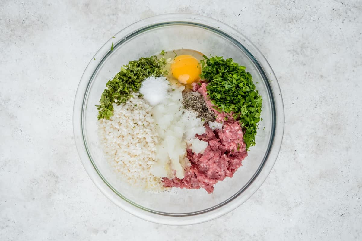 ingredients for the meatballs in a bowl before being mixed together.