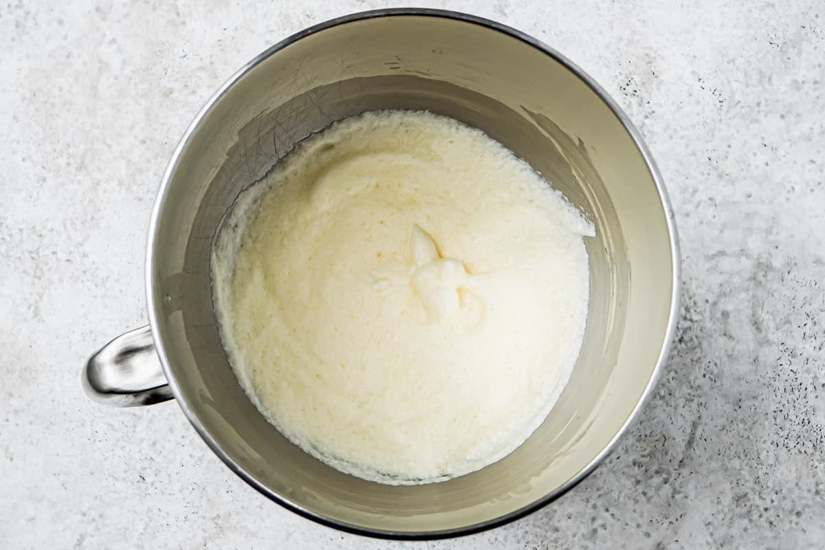 The avgolemono for the Youvarlakia Greek Meatball Soup in a mixing bowl.