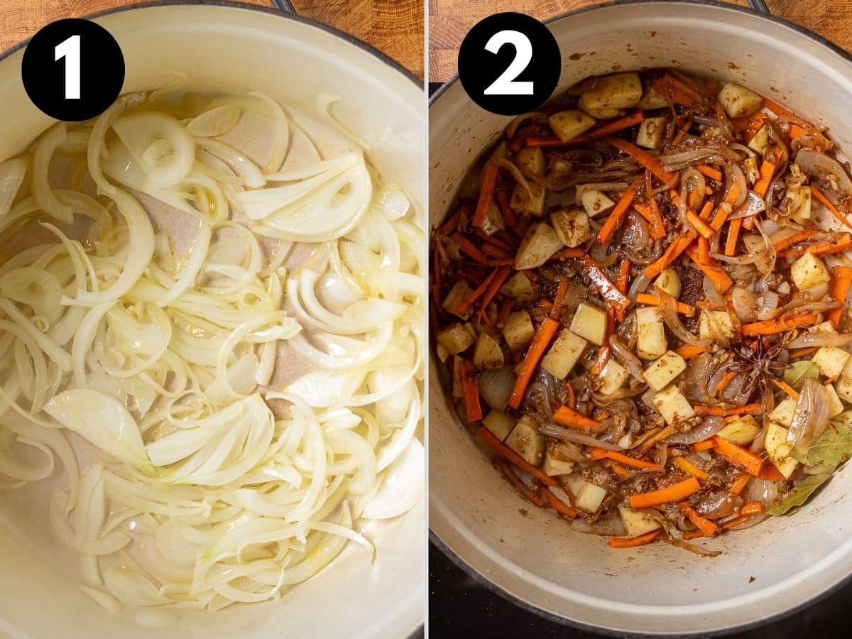 cooking onions and vegetables for vegetable biryani.