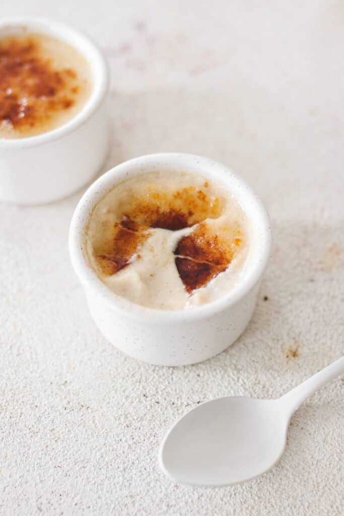 vegan creme brûlée in a small white ramekin