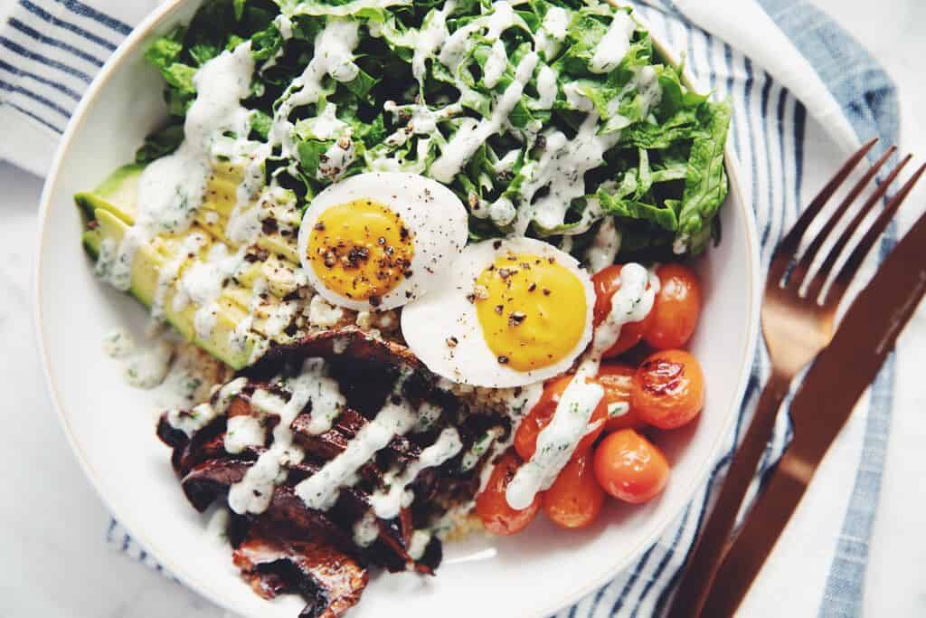 vegan grain bowl with vegan eggs