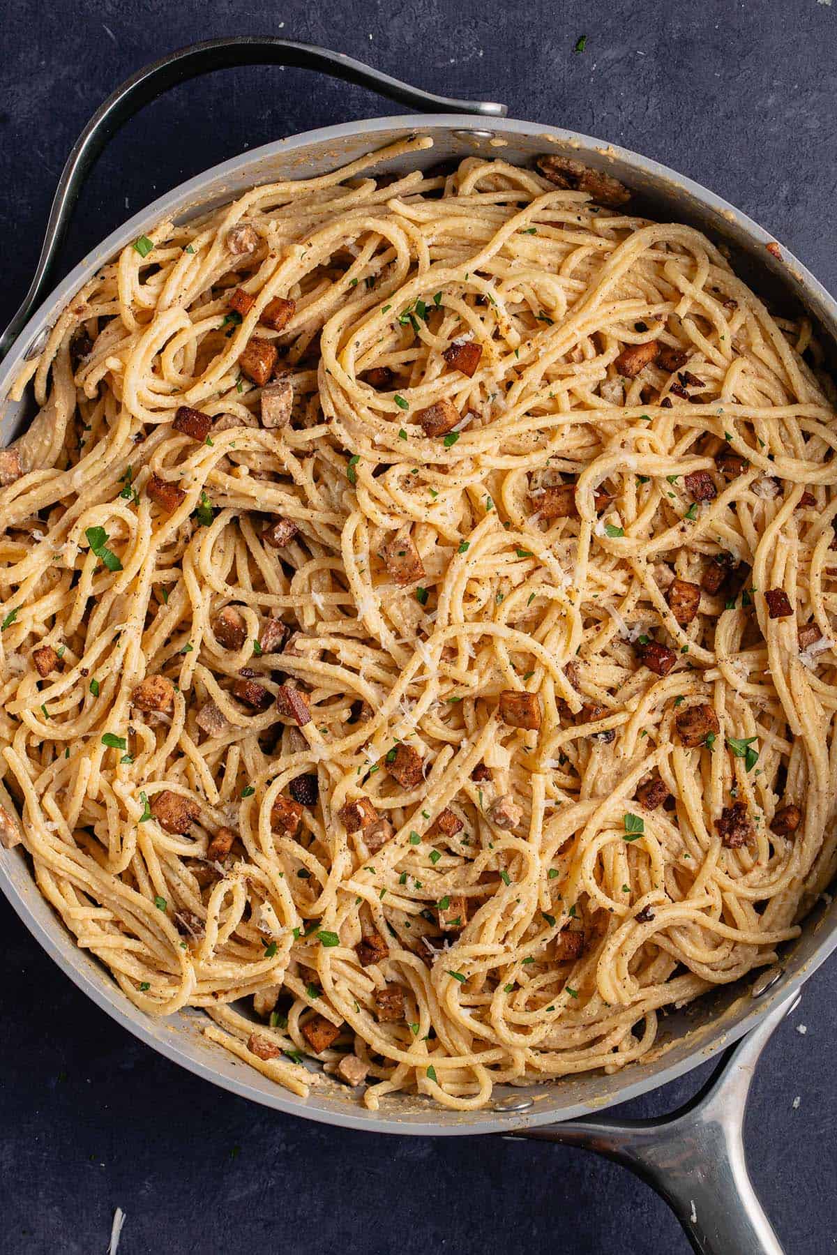 close up photo of Easy Vegan Carbonara in pan