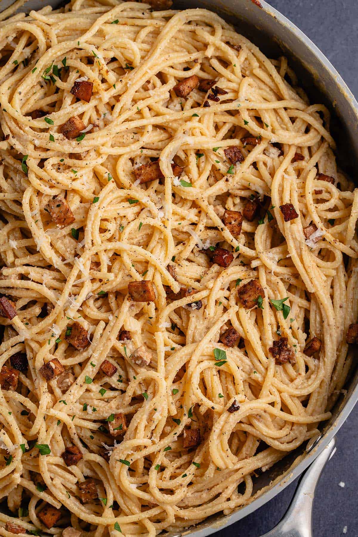 close up photo of Easy Vegan Carbonara in pan