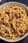 close up photo of Easy Vegan Carbonara in white bowl