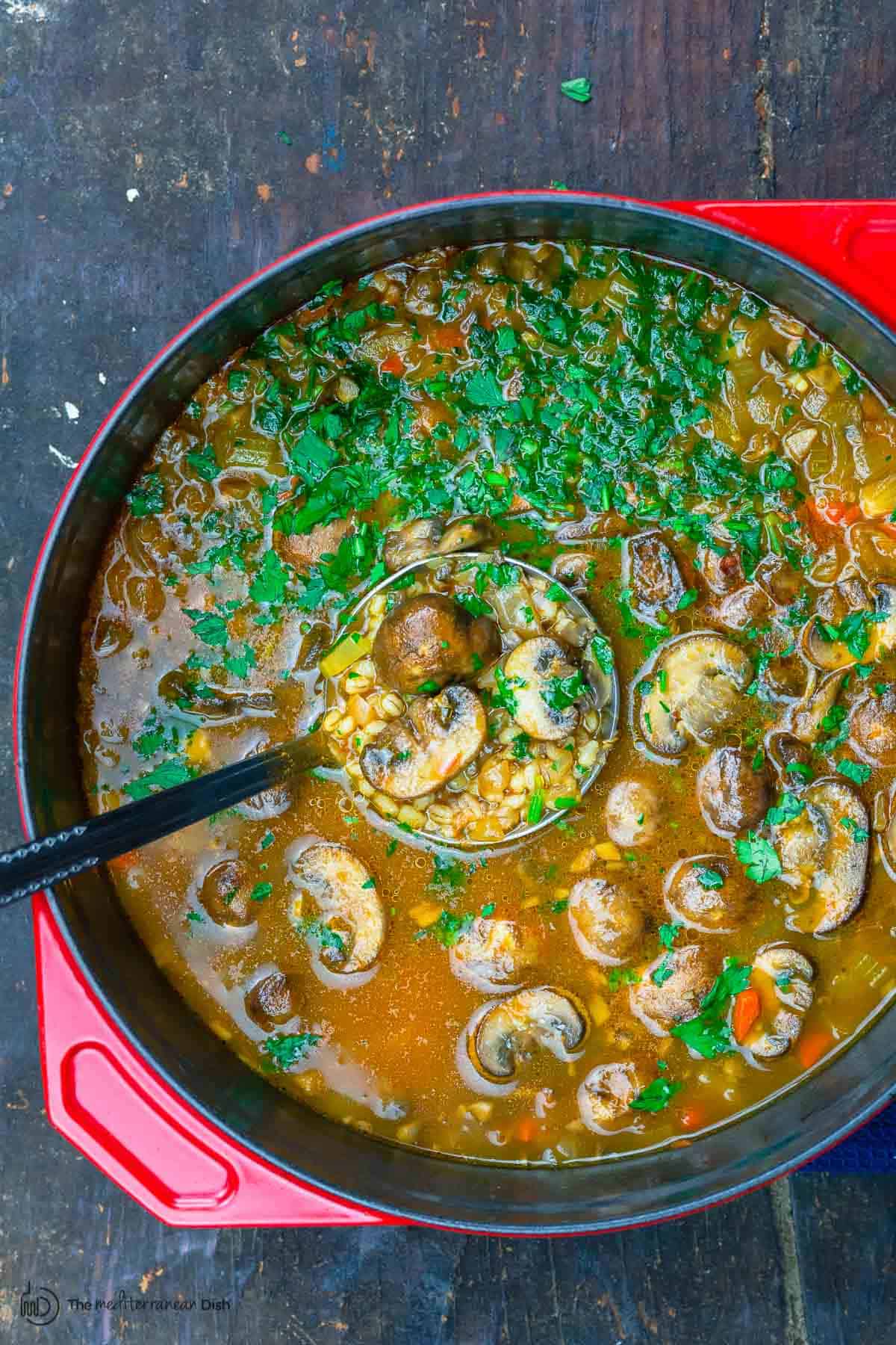 A large pot of mushroom barley soup garnished with parsley