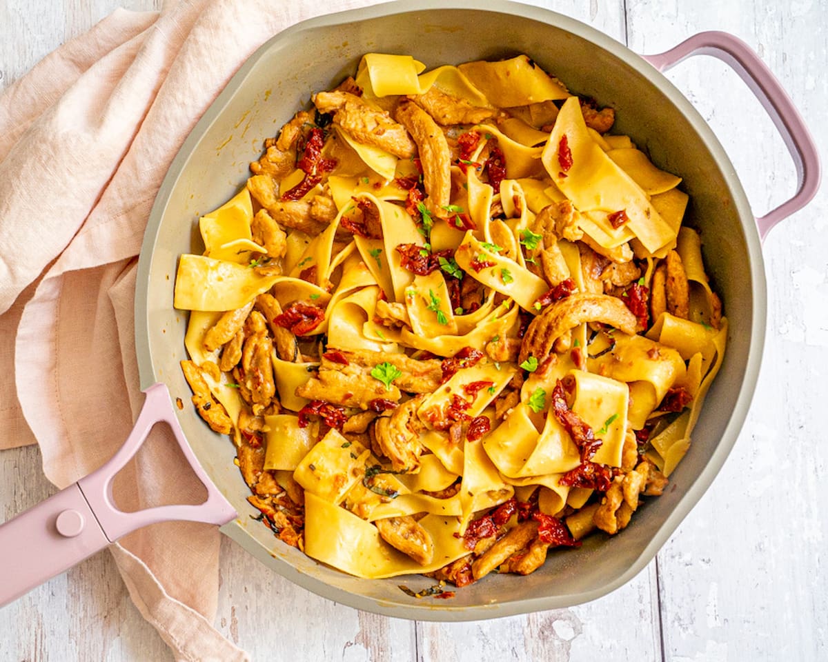 A saute pan with Marry Me vegan chicken.