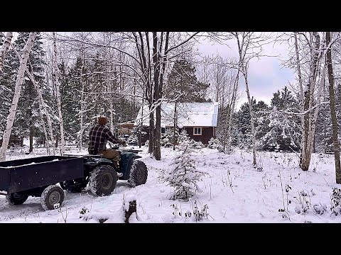 First Snowfall Of 2023 At Our Off Grid Cabin In The Woods: Firewood, Peeling Logs