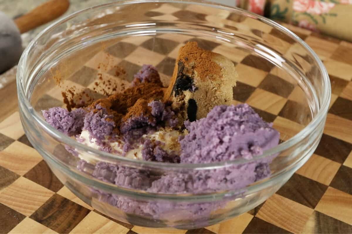 purple filling for ube cinnamon rolls in glass bowl