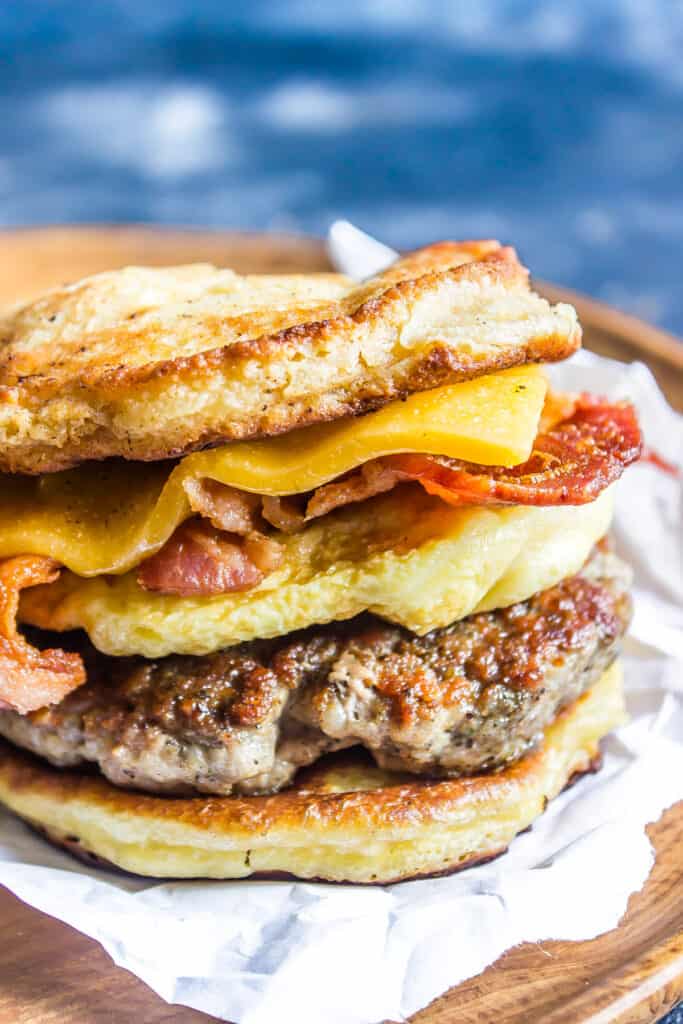 Keto Breakfast Sandwich (AKA Copycat Keto McGriddle) close up