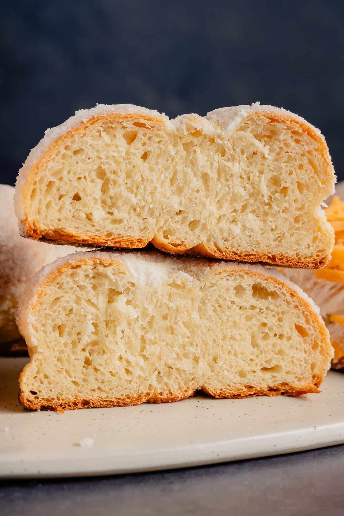 close up of fluffy ensaymada cut in half