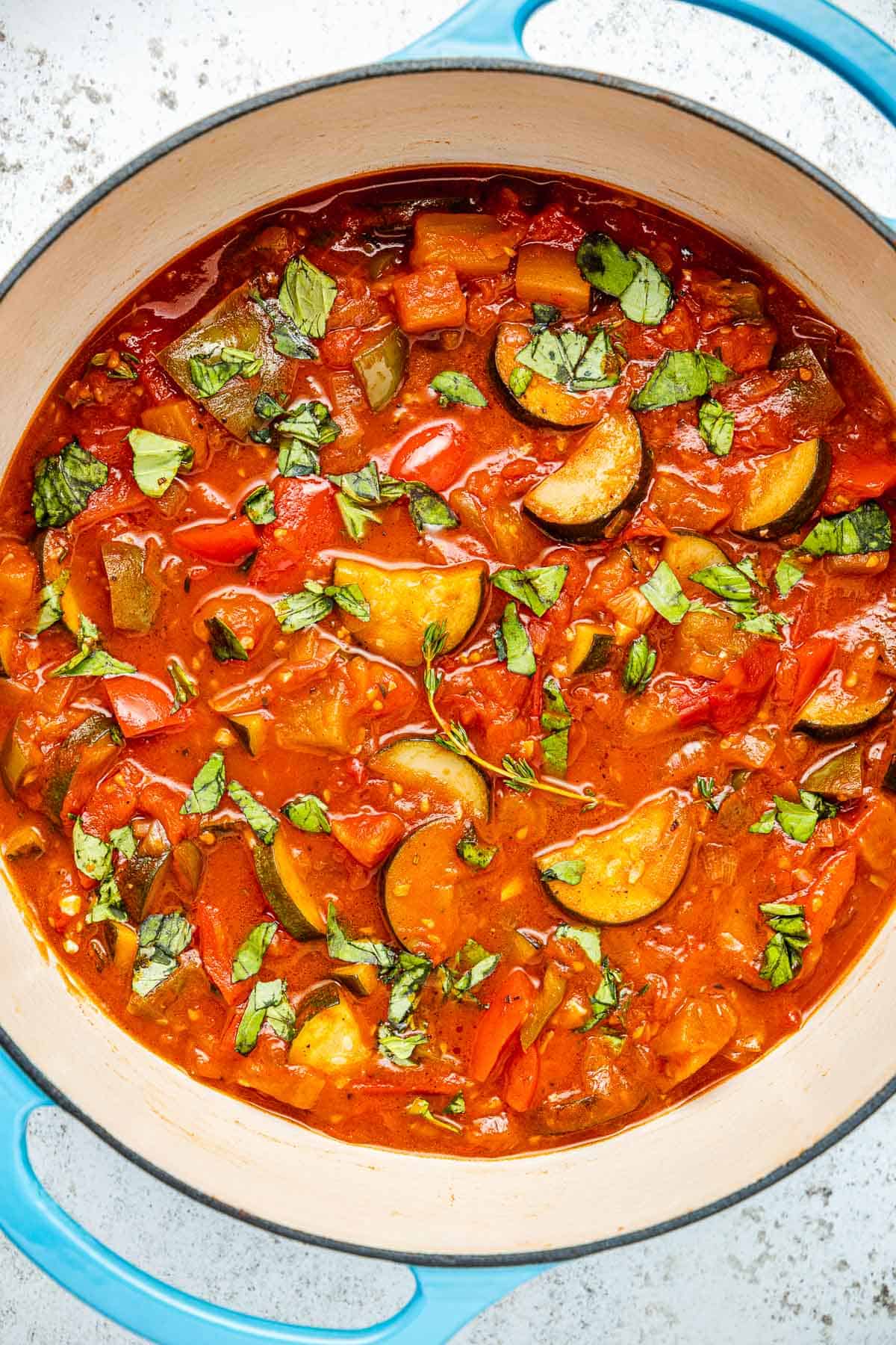 cooked ratatouille in a pot.