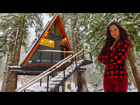 Living in a Tree House Cabin in the Woods! A-Frame Tiny Home Tour in a Snow Storm