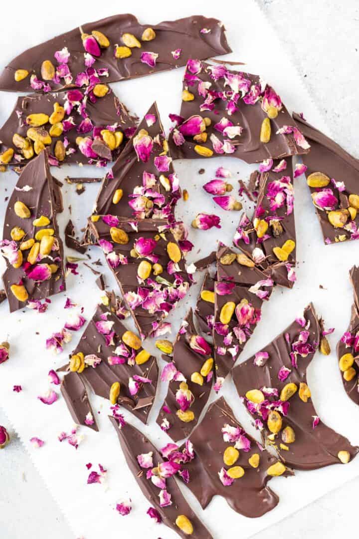 Keto Pistachio Rose Chocolate Bark on table