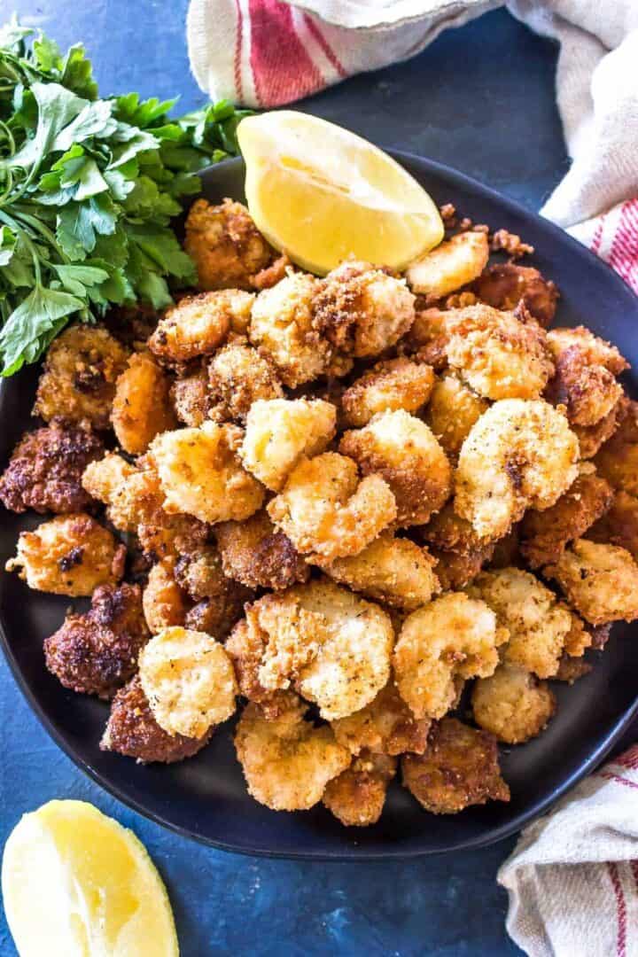 Keto Popcorn Shrimp on Plate with lemon