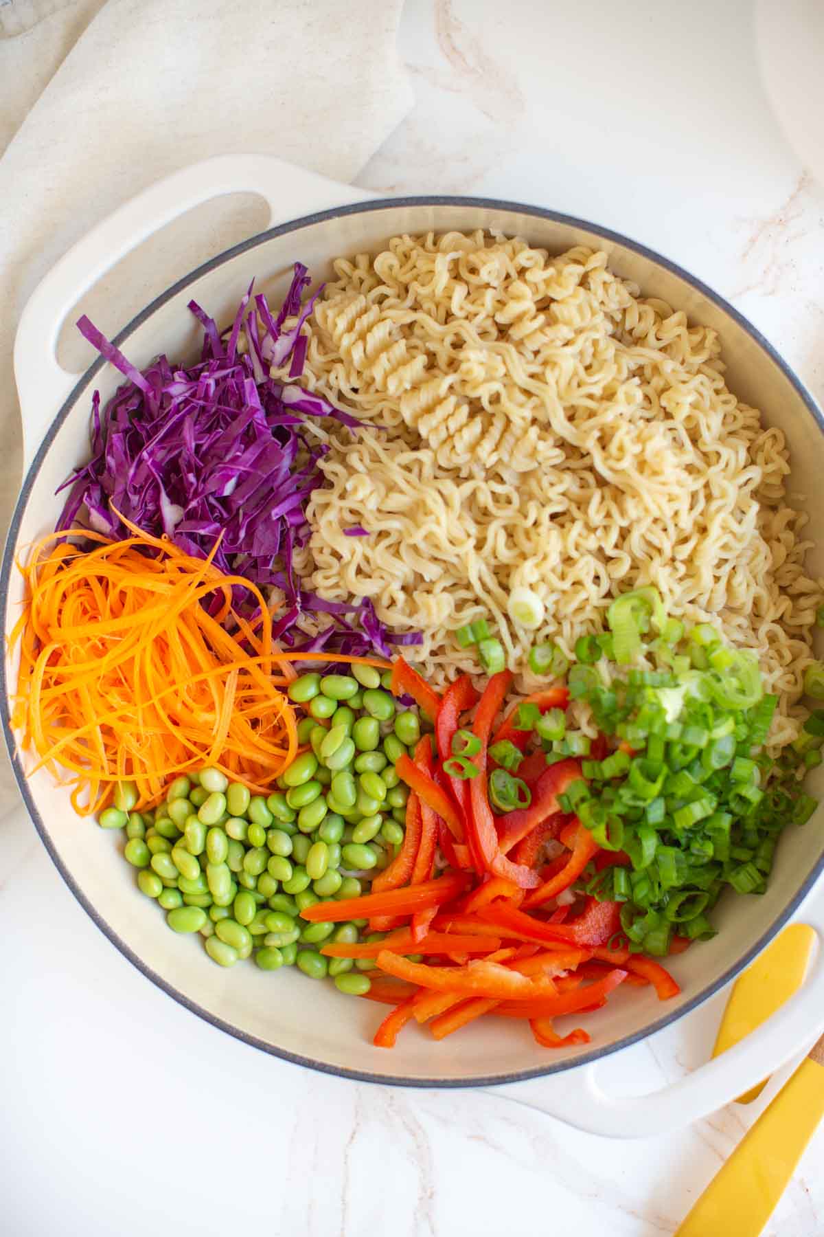 Ingredient flatlay with cooked ramen noodles, green onions, red bell pepper, edamame, carrots, and cabbage. 