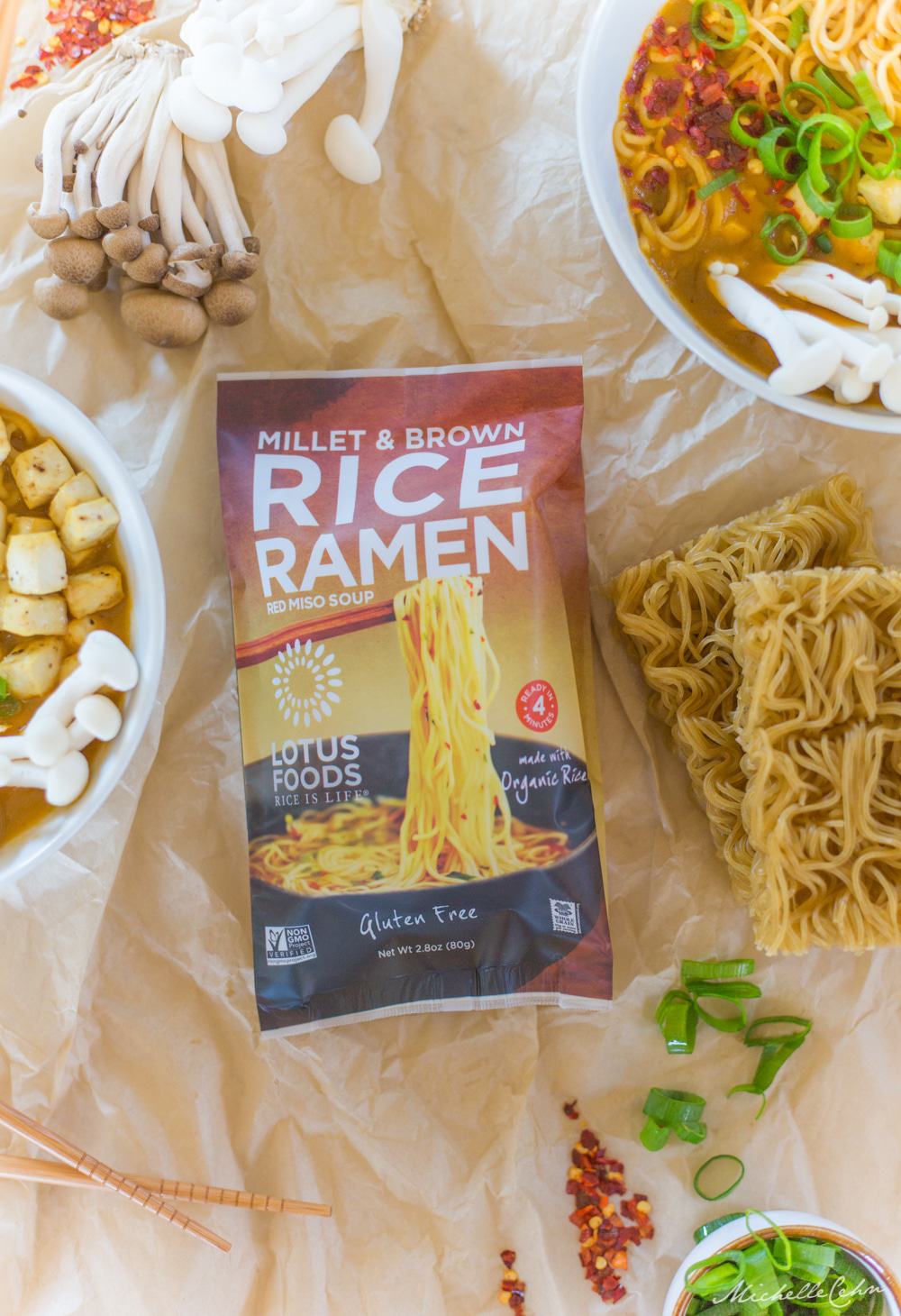 A package of gluten-free rice ramen made from Millet and Brown Rice from Lotus Foods. 