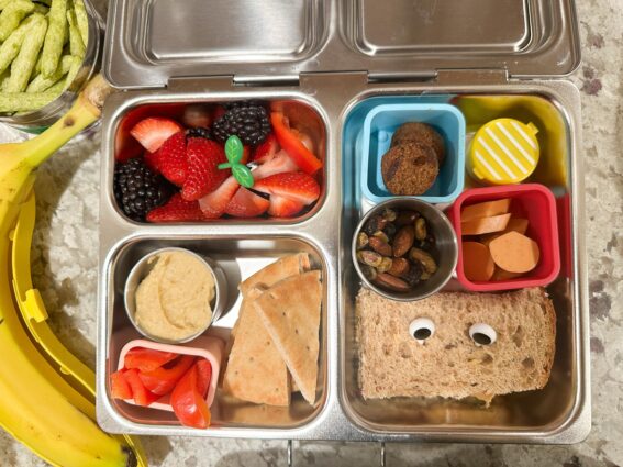 Packed lunchbox for a vegan kid in preschool.