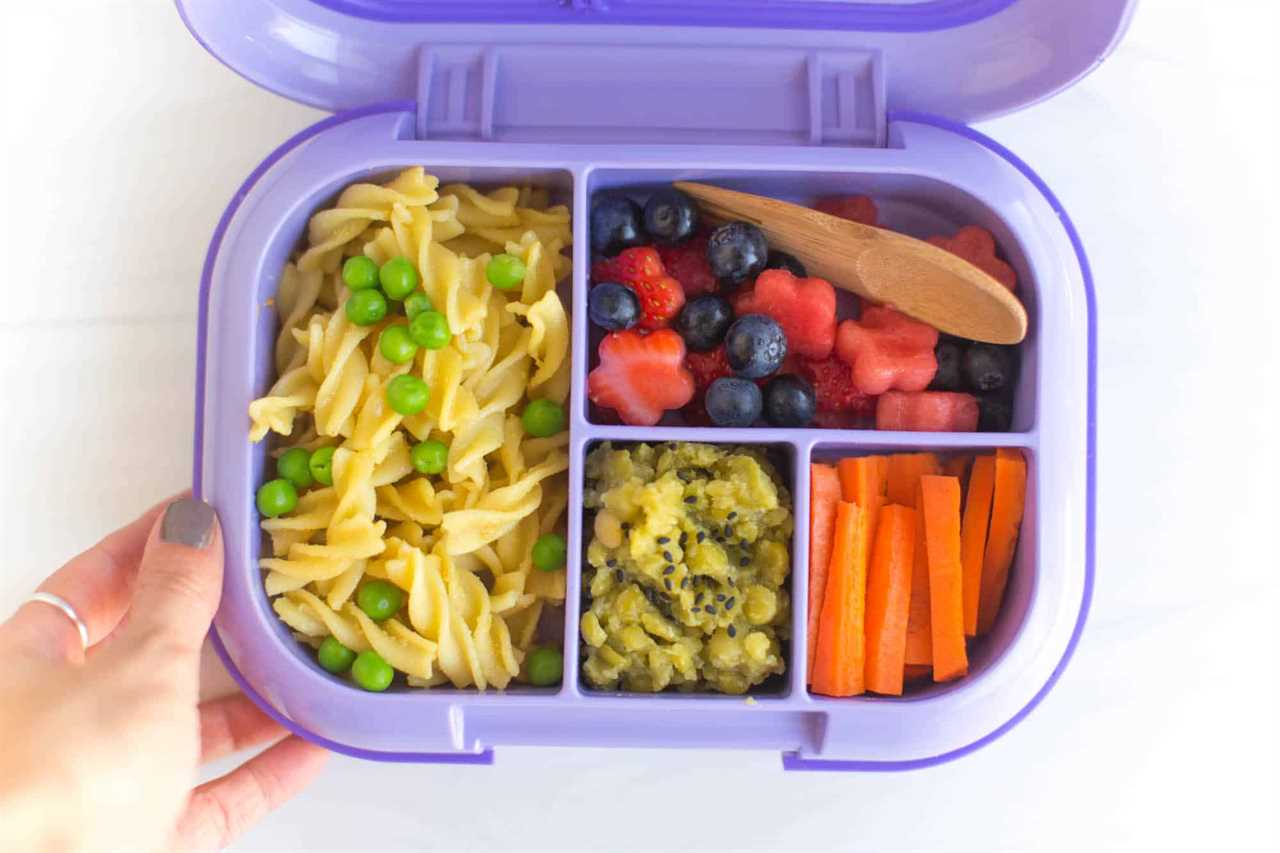 Nooch Pasta With Peas and Flower Shaped Fruit Salad Vegan School Lunch Ideas for Kids