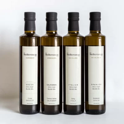 the mediterranean dish everyday extra olive oil bundle including koroneiki, arbequina, nocellara, and hojiblanca extra virgin olive oils.