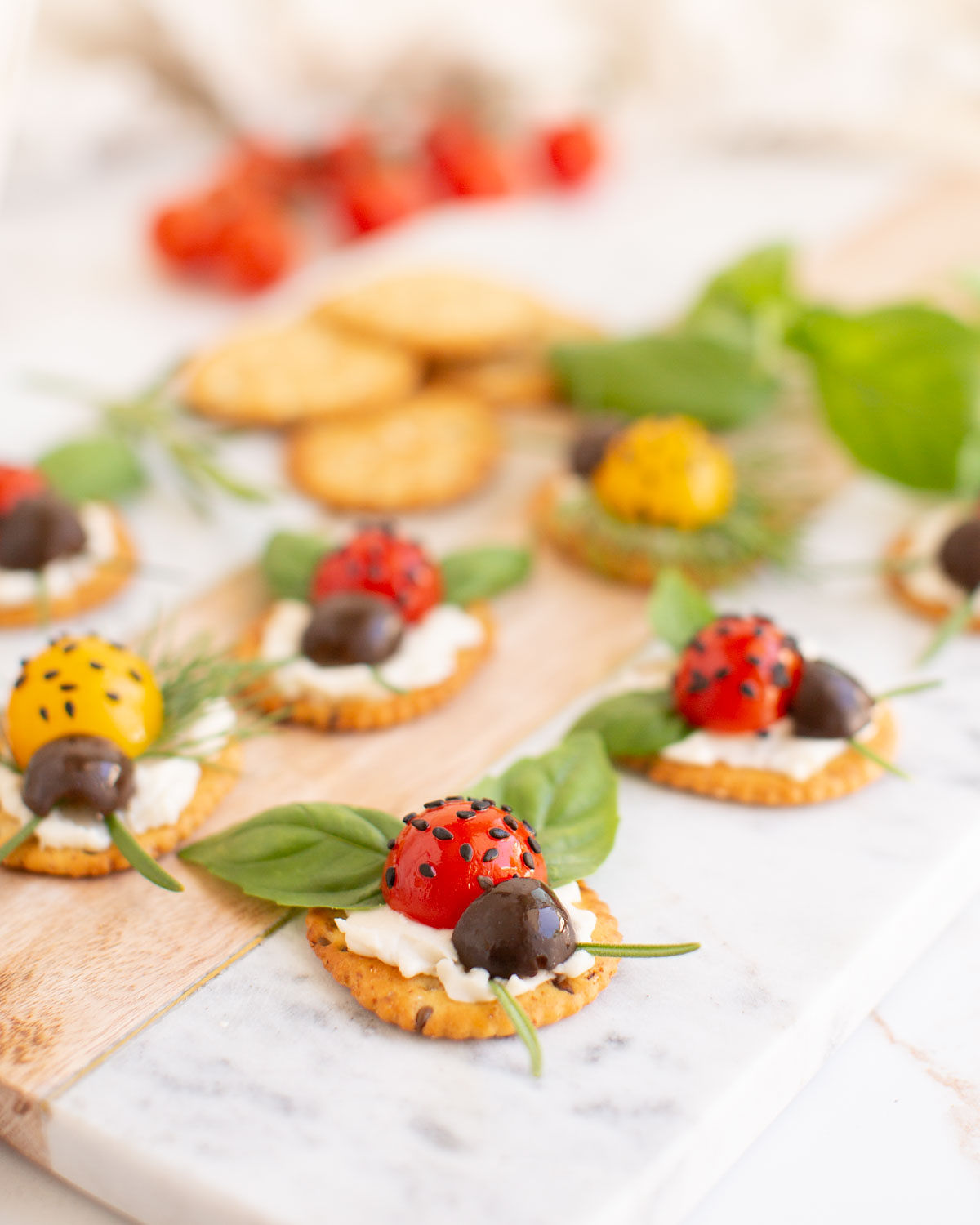 Crackers topped with a ladybug design made from cherry tomatoes, basil, and black olives.