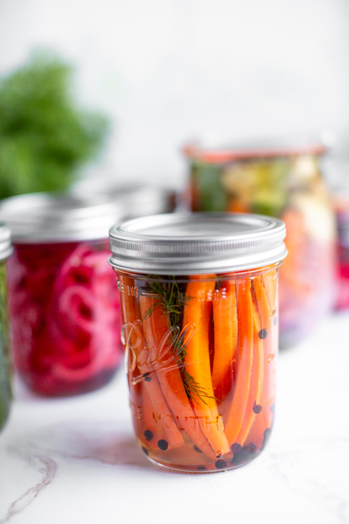 Pickled carrots in a glass jar with various jars of pickled veggies behind it.