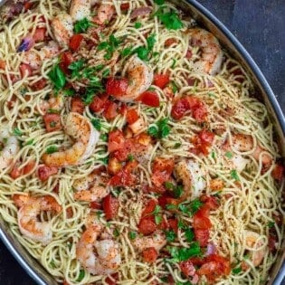 Shrimp pasta in a pan