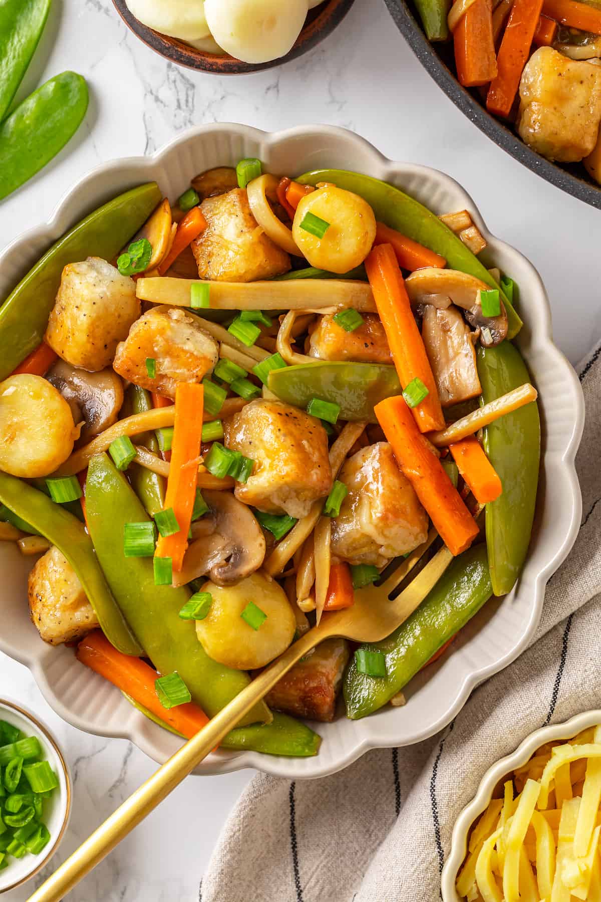 Overhead view of moo goo gai pan ingredients in bowl