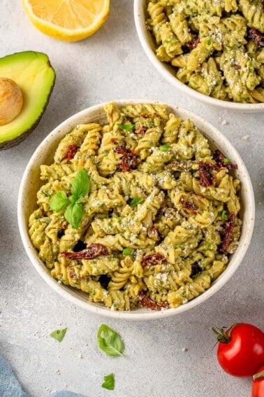 3/4 angle image of avocado pesto pasta