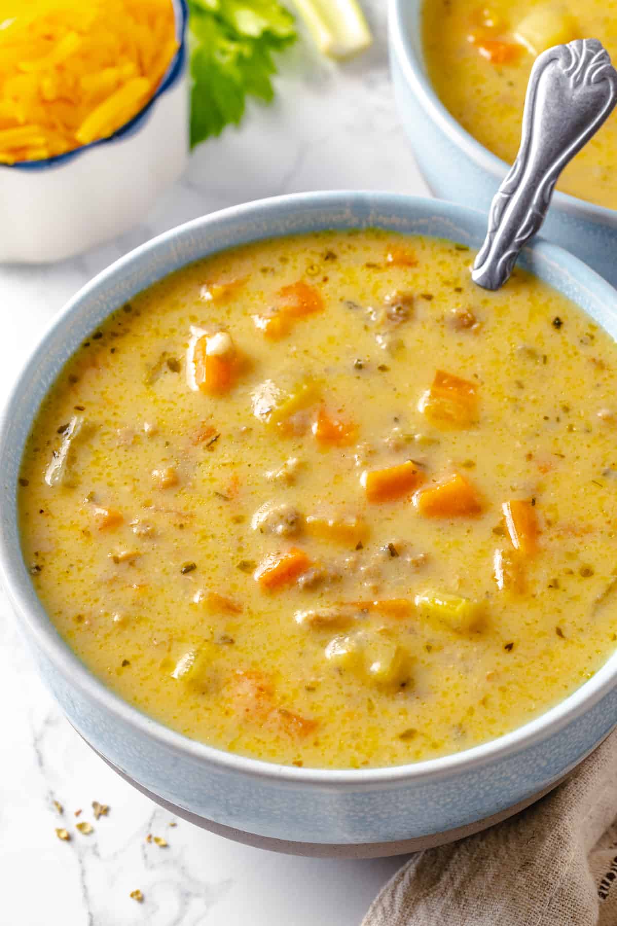 Vegan cheeseburger soup in bowl