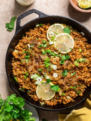 one pot mujadara in a cast iron skillet.