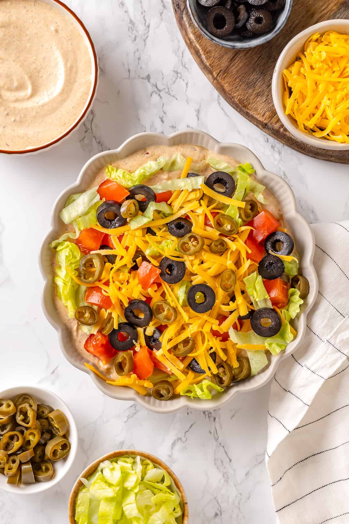 Overhead view of vegan taco dip in bowl