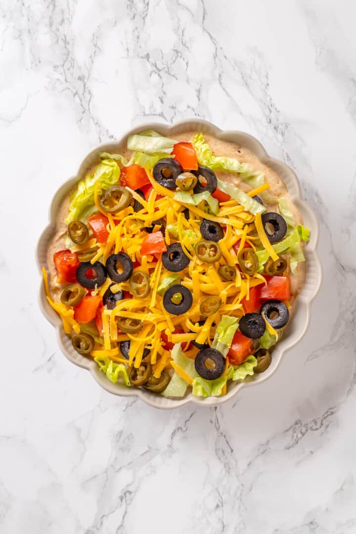 Overhead view of easy vegan taco dip in bowl